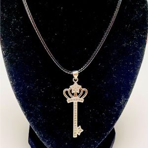 White Gold Plated Crown Key Leather Cord Necklace